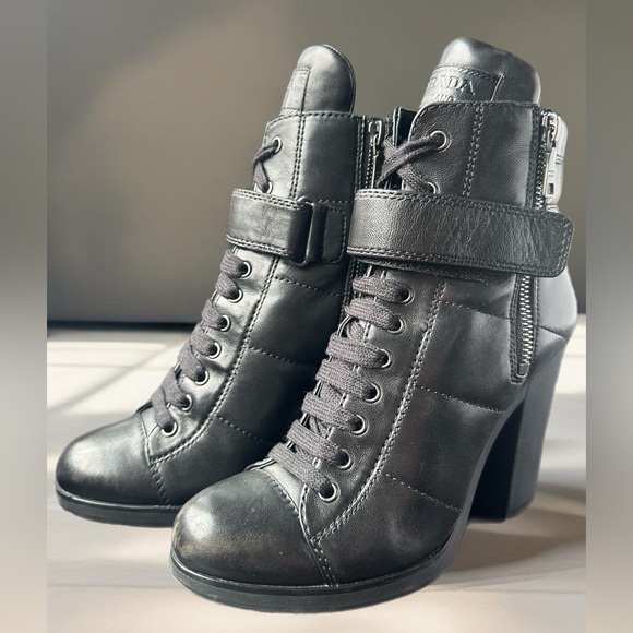 Prada Logo Lug Sole Platform Block Heels Ankle Moto Combat Black Leather 37 1/2 - Picture 2 of 14